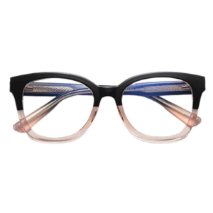 A pair of round full frame metal eyeglasses with pink and black color gradient.