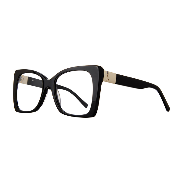 Black eyeglasses with gold accents on a white background