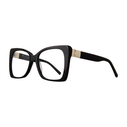Black eyeglasses with gold accents on a white background