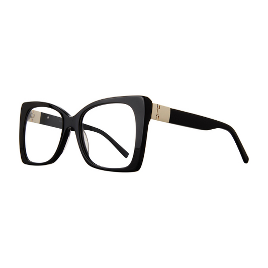 Black eyeglasses with gold accents on a white background